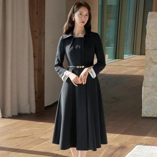 Designer New Spring Autumn New WomenS Office Party Casual Vintage High Quality Long Sleeve Elegant Fashion Black Coat Dress