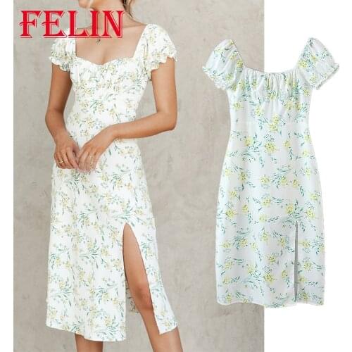 Women Vintage Floral Midi Dress Za 2021 Short Ruffles Sleeve Sashes Side Split Midi Dress Elegant Mujer Vestidos