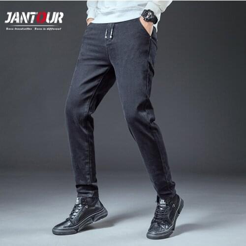 Jantour Mens Fashion Black Jeans Autumn Winter New Stretch Regular Fit Pants Male Brand Denim Trousers Cotton Drawstring Pants