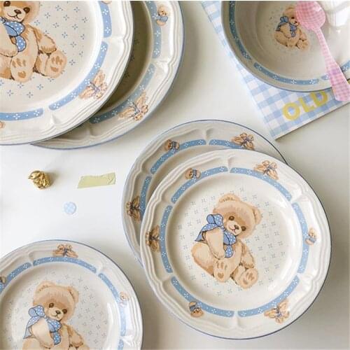 Korean Ins Bear Ceramic Plate Creative Household Dish Breakfast Cake Snack Plate Dinner Set Plates and Dishes