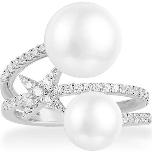 SLJELY Luxury Brand 925 Sterling Silver Star and Double Natural Pearl Ring Cubic Zirconia Stones Women Fine Festival Jewelry