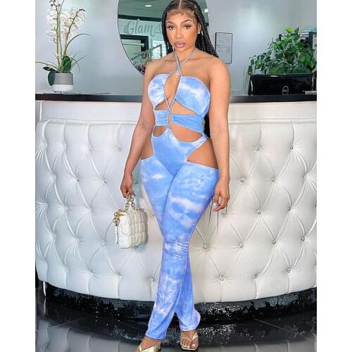 Tie Dye print Lace Up Halter Jumpsuit Sleeveless Sexy Hollow Out Skinny Rompers Summer Party Club Outfits Streetwear One Piece