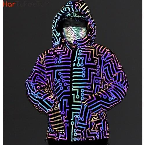 Men Rainbow Reflective Jacket 2021 New Arrival Winter Spring Circuit Lines Cotton Coat with Pockets Hip Hop Safety Streetwear