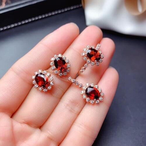 Natural real red garnet jewelry set 1pc ring 1pc pendant 1pair stud earring 925 sterling silver Fine jewelry