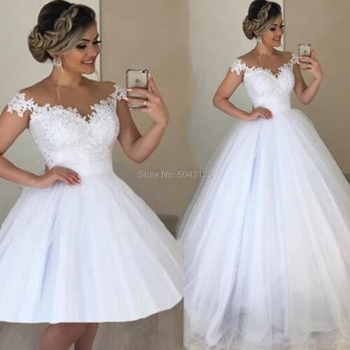 Two Pieces A Line Tulle Wedding Dresses with Detachable Skirt 2021 Lace Applique Scoop Neck Cap Sleeves Floor Length Bridal Gown