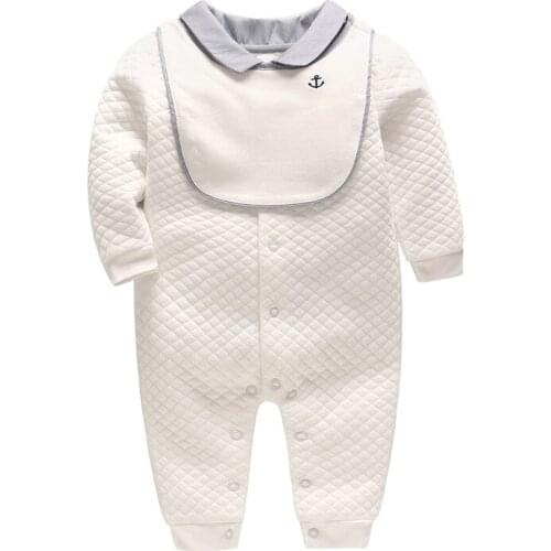 Baby Boys Button-Down Collar Casual Fashion Solid Color Pure White Rompers Long Sleeve Spring Autumn One-piece Rompers