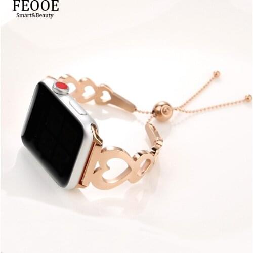 FEOOE Suitable for Apple Watch with 38/40/42/44mm Stainless Steel Chain Mechanical Buckle Tassel Heart-shaped Bracelet Strap LXY