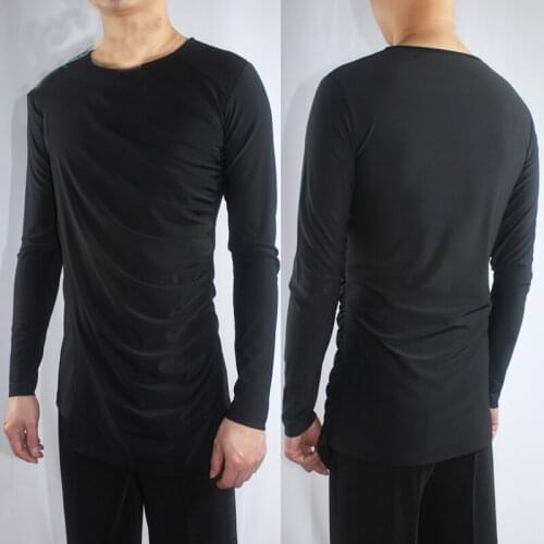 Latin Dance Shirts Male Black Long Sleeve Round Neck Mens Ballroom Shirt Salsa Charleston Dancing Clothes Practice Wear DN2440