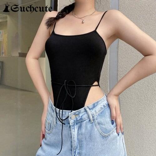 SUCHCUTE Sexy Sleeveless Ribbed Fitness Bodycon Bodysuits For Women Summer Casual Basic Solid Black Skinny Sheer Bodysuit