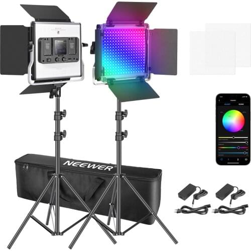Neewer 2 Packs 480 RGB Led Light with APP Control, Photography Video Lighting Kit with Stands and Bag, 480 SMD LEDs Adjustable