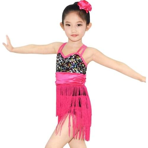 Girls Leotard Sequins Tassel Ballroom Dance Clothes Camisole Tango Latin Dance Dress For Stage And Party Drssess