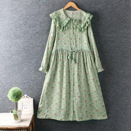 Spring new womens dress Japan style sweet Ruffle Lapel Floral Cotton loose Long Sleeve Dress