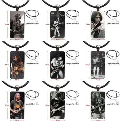 Vintage Jewelry Steel Color Glass Cabochon Choker Pendant Long Rectangle Necklace For Unisex Gift Neil Young Albequerque 1975