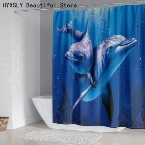 Waterproof Thick Polyester Shower Curtain Dolphin Sea Animal 3D Bathroom Screen Cover Set with Hooks Mouldproof Cloth Fabric