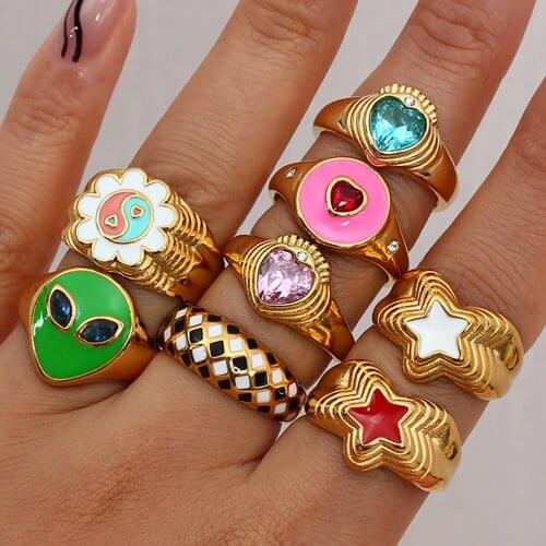 Water Resistant Stainless Steel Ring Flower Yingyang Grid Heart Star Alien Colorful Enamel Stone Rings For Womem Gold Ring