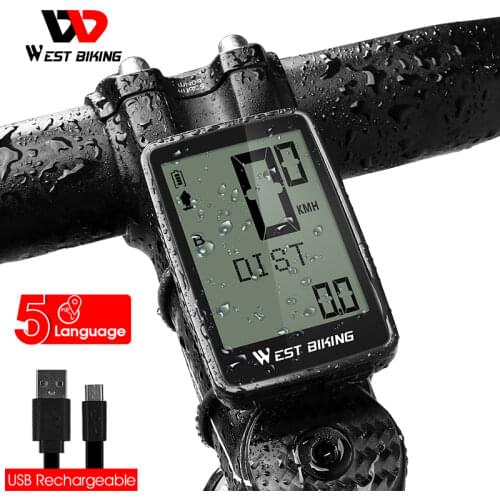 WEST BIKING Wireless Odometer USB Rechargeable 5 Languages Bicycle Computer Backlight Stopwatch Cycling MTB Bike Speedometer
