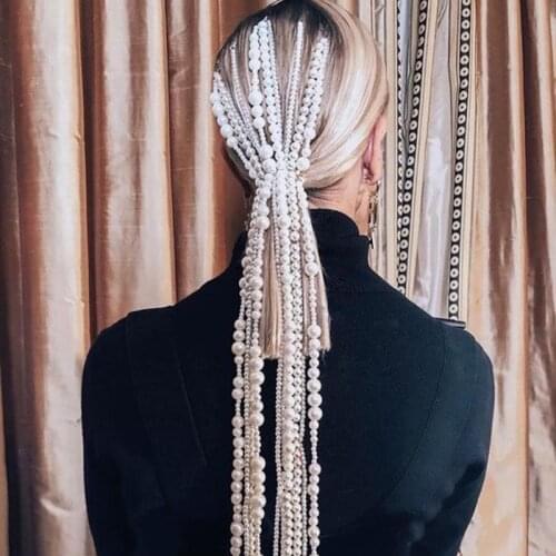 Novelly Simulated Pearls Tassel Bridal Hair Chain Jewelry Hair Comb Clip Accessories Long Chains Hair Pins for Women Party Gift