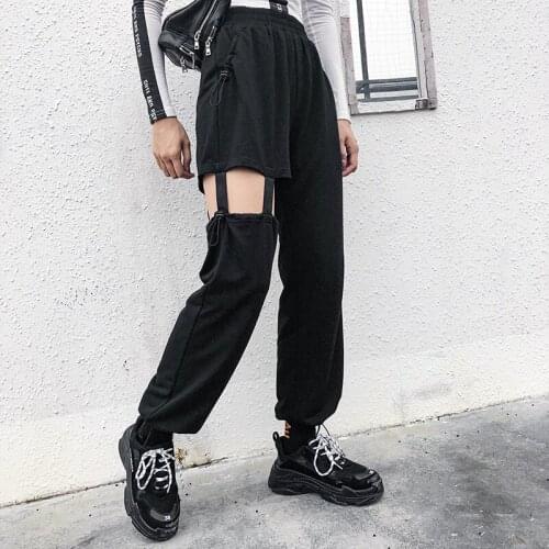 Women Irregular Hollow Out Harem Pants High Waist Loose Casual Pockets Trousers Sexy Beam Pants Elastic Waist Streetwear Ladies
