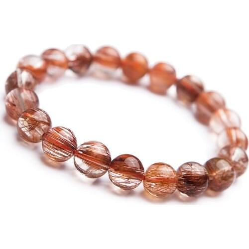 Genuine Natural Copper Hair Rutilated Quartz Crystal Round Bead Women Stretch Charm Bracelet 9mm