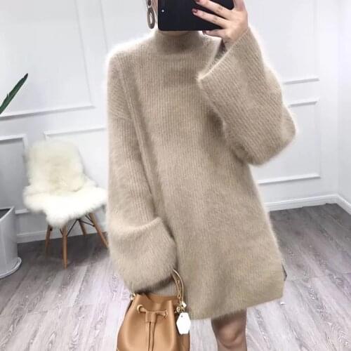 JSXDHK Oversize Loose Mik Cashmere Sweater Winter Women Stand Collar Knitted Thicked Warm Flare Sleeve Harajuku Long Pullovers