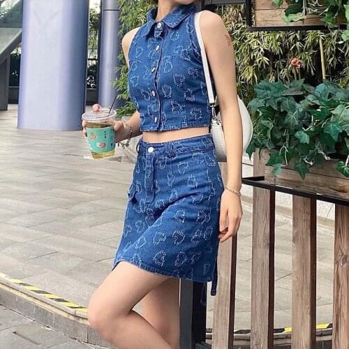 Summer Two-piece Suit Blue Off Shoulder Slim Turn-down Collar Tank Crop Top Y2k Sleeveless Love Mini Skirt Woman Matching Sets