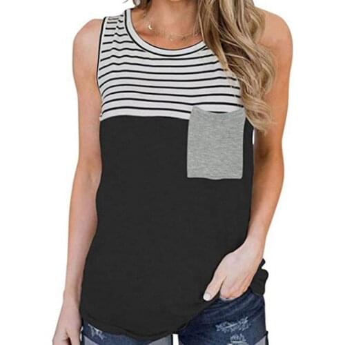 Tops for women fashion Round Neck Striped Stitching Women Vest Casual Sleeveless Color Block Pocket Vest Pullover Top Black xxl