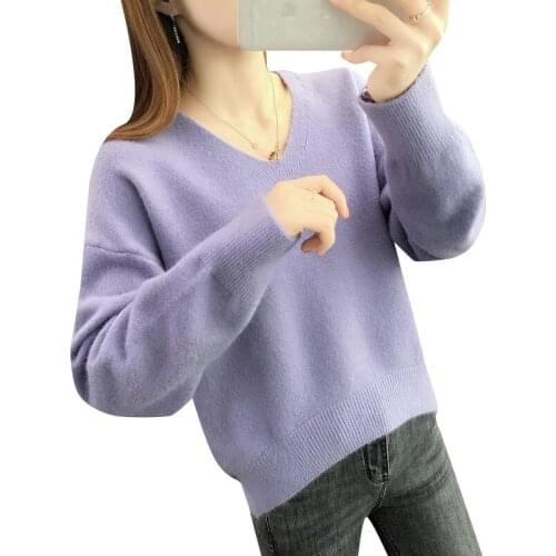 Autumn Winter Basic Knitted purple White Sweater Women 2020 Fashion Casual V-neck Female Pullovers Korean lady Jumpers