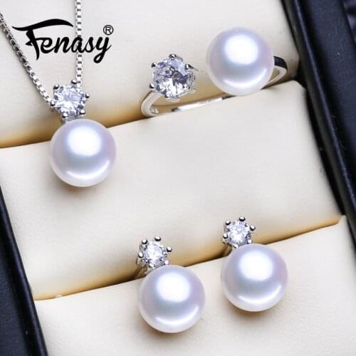 FENASY Trendy 925 Silver Jewelry Sets Cubic Zirconia Natural Pearl Pendant Necklaces For Women Fashion Stud Earrings Pearl Ring