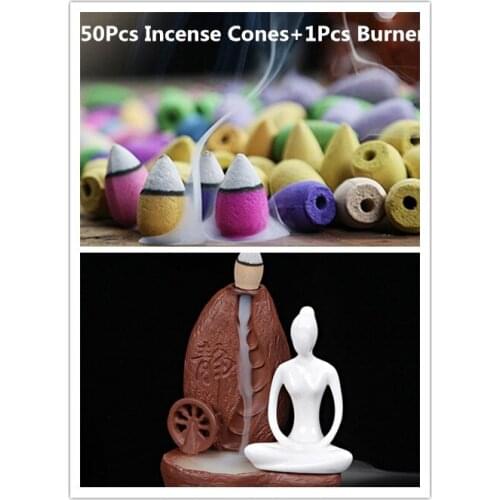 50Pcs Incense Cones+1Pcs Burner Ceramic Yoga Girl Censer Backflow Incense Cones Burner Towel Incense Holder