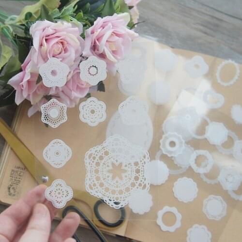 6 Sheet White Lace Round Flower Transparent Style PVCticker Tag Design Gift Tag Gift Decoration Scrapbooking DIY Sticker