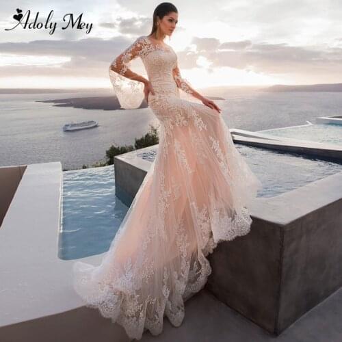 Adoly Mey Elegant Scoop Neck Long Sleeve Mermaid Wedding Dress 2020 Gorgeous Appliques Brush Train Customized Vestido De Noiva
