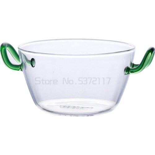 Household transparent vegetable and fruit plate heat resistant glass soup bowl double handle dessert salad bowl creative bowl