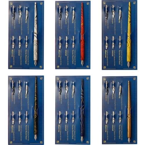 Y8AC Marble Wood Manga Calligraphy Dip Pen Holder with 6 Nibs for Lettering Skiching Art Drawing Painting Tool Kit