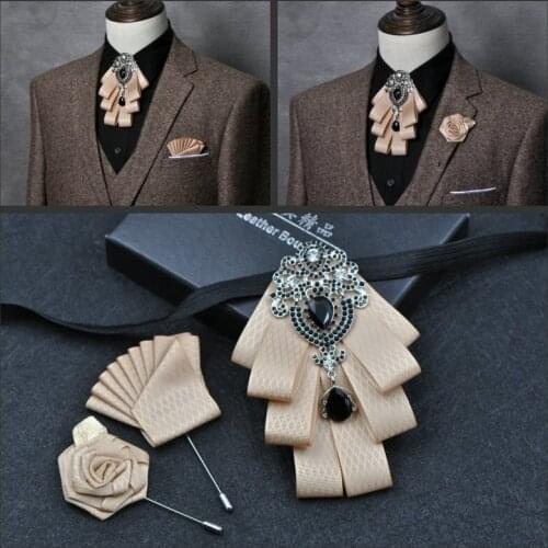 Men Ribbon Bow Tie Handkerchief Alloy Pin Flower Brooches Pocket Square Neck Tie Groom Wedding Party Shirt Rhinestone Bowtie Set