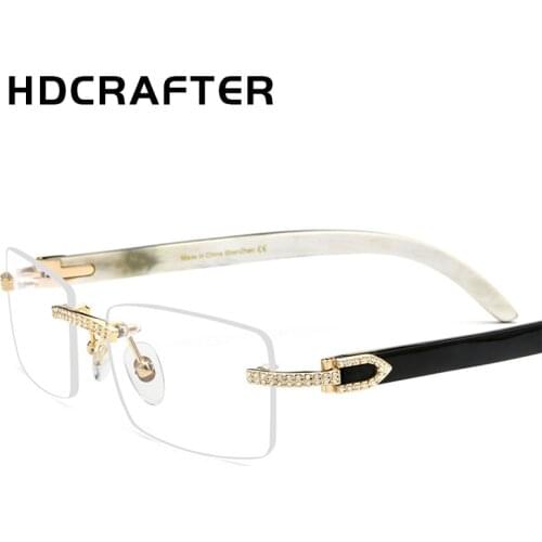 HDCRAFTER Men Luxury Brand Natural Horns Rimless Diamond Glasses Frame Women Optical Prescription Eyewear Square gafas de sol