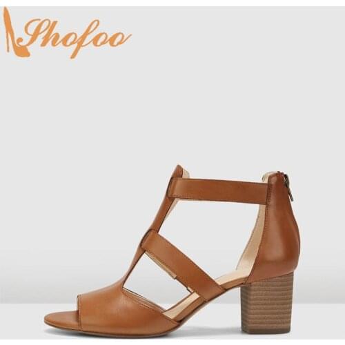 Brown Women Sandals High Chunky Heels Open Toe Ankle T-strap Buckle Large Size 13 15 Ladies Summer Fashion Mature Shoes Shofoo