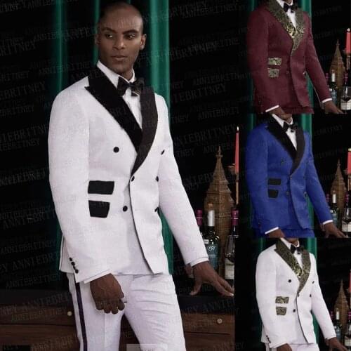 White Mens Wedding Suits 2 pieces Groom Best Man Prom Party Tuxedo Slim Fit Blazer Black Collar Double Breasted Jacket Pants Set