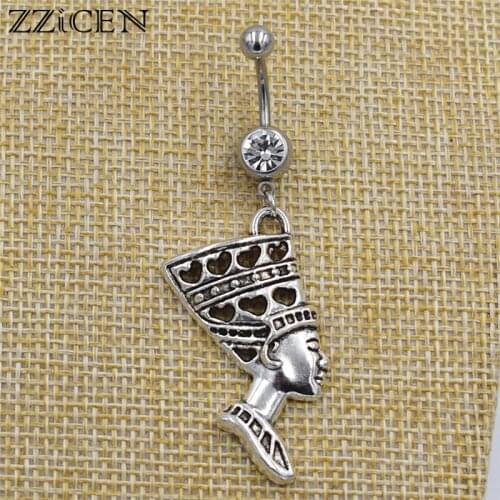 New Ancient Egypt Queen Nefertiti Pendant Anubis Head Dangle Belly Button Rings Crystal Navel Bar Steel Piercing Body Jewelry