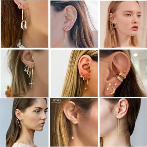 ALYXUY 10 Styles Fashion Gold Star Moon Cross Earring Set Ethnic Crystal Round Geometric Earrings for Women Simple Jewelry Gift