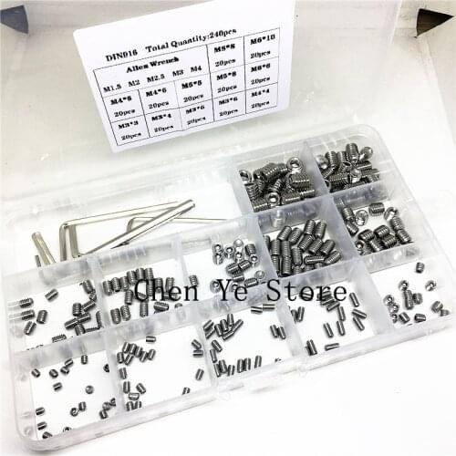 240PCS Hex hexagon socket set screw flat point grub screw assortment kit stainless steel M3 M4 M5 M6 M8 headless set screw