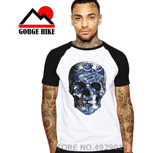New 3D Tattoo Skull Design Horror T Shirt Halloween Men blue and white Porcelain Short SleeveTerror T-Shirt O-Neck Tees Printing