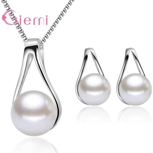 New Arrival 925 Sterling Silver Pendant Necklace Hoop Earrings Jewelry Set For Women Party Trendy Style Pearls Design