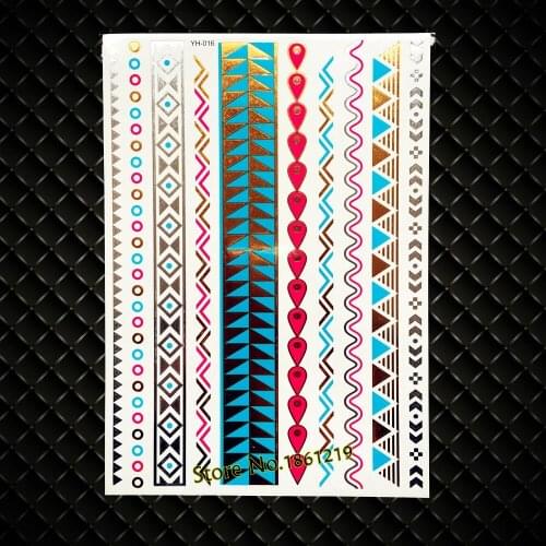New Sexy Blue Diamonds Designs Flash Gold Metallic Temporary Tattoo Women Body Arm Sleeve Bracelet Tattoo Jewelry Stickers 016
