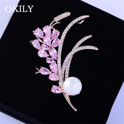 OKILY Trendy Pink Zircon Wheat Brooches for Women Rhinestone Suit Pearl Brooch Pin Coat Dress Corsage Scarf Sweater Accessories