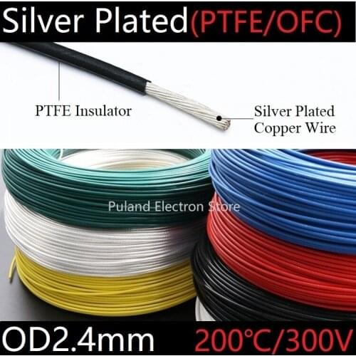 PTFE Silver Plated Wire OD 2.4mm Insulated High Temperature Soft Electron Cable OFC Copper DIY Headphone Singal Line Colorful