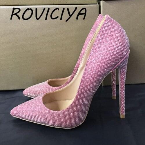Pink pumps thin 12cm high heels sequined cloth ladies bling bling women party shoes shallow fashion nightclub BM020 ROVICIYA