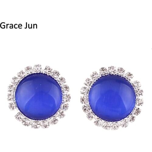 Grace Jun New Arrival Rhinestone Opal Round Shape Clip on Earrings Non Piercing for Women Luxury Fashion Ear Clip Not Allergy