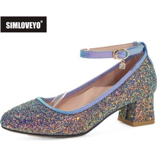 SIMLOVEYO 2021 Spring Wedding Bling Pumps Glitter Sequined Cloth Bows 4.5cm Thick Heel Shoes Ankle Buckle Strap Sweet Size 26-47