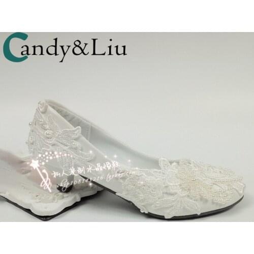 White lace flower wedding shoes bridal dress performance pearl middle heel photo back door new Bridesmaid Flats