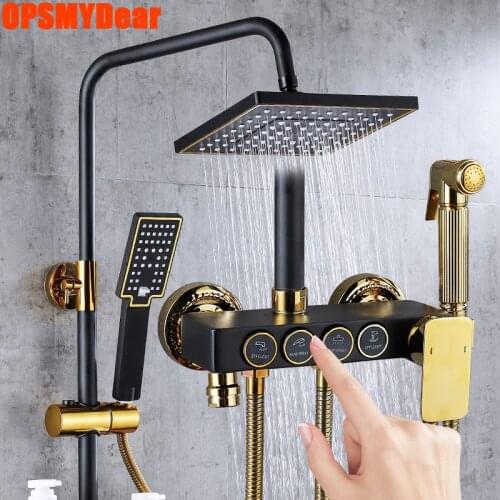 Thermostatic Shower Set Bathroom Hot Cold Mixer Shower System Round Rod Square Head Bath Faucet SPA Rainfall Luxury Torneira Tap